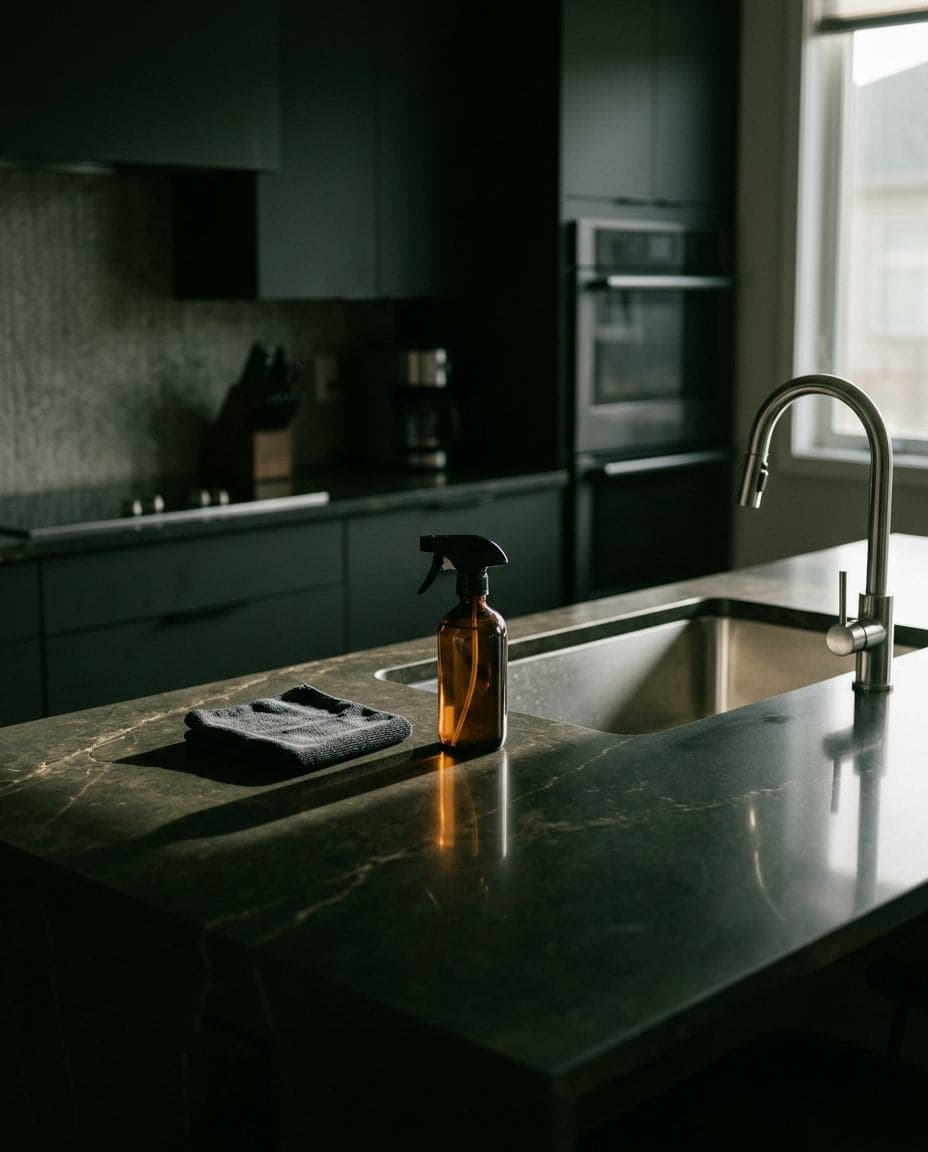 Cozinha moderna impecável após uma limpeza pesada com bancada de quartzo brilhando, pia de inox e pano de microfibra