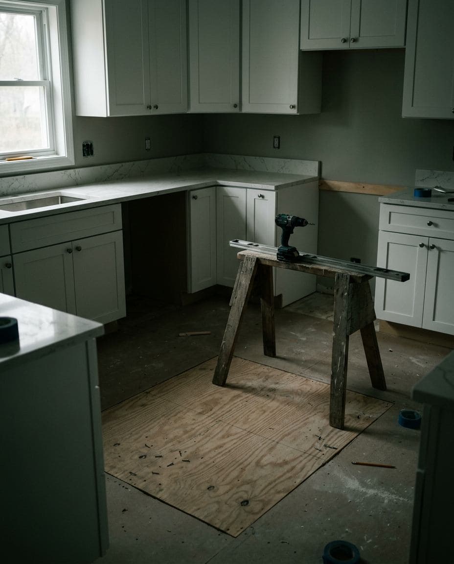 Reforma de cozinha em andamento com armários estilo shaker novos, bancada de quartzo e um nível sobre cavalete