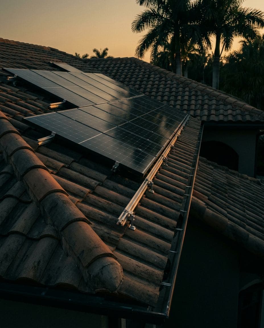 Sistema de painéis solares sobre um telhado de telha cerâmica na Flórida ao pôr do sol com palmeiras ao fundo