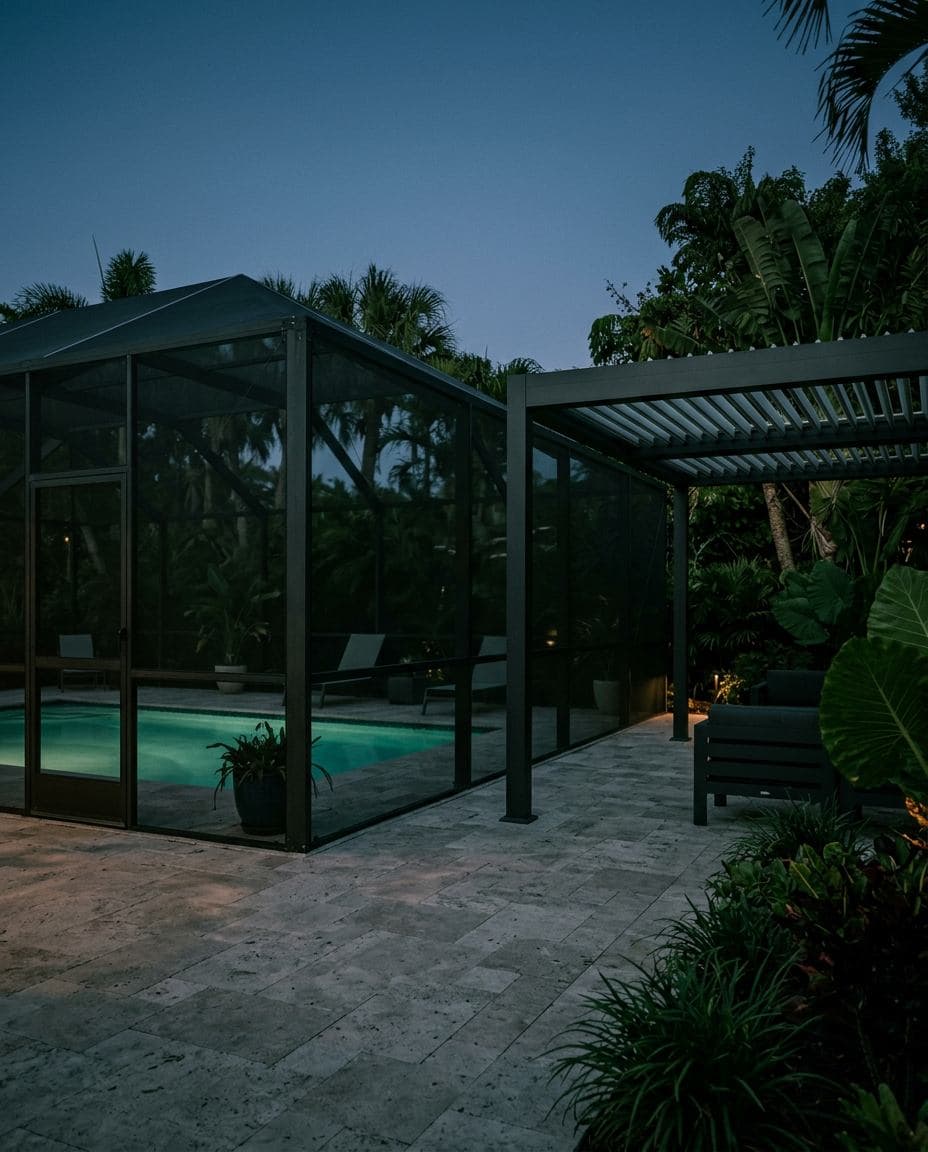 Cerramiento de aluminio con malla para piscina y pérgola de lamas sobre un patio de travertino al atardecer
