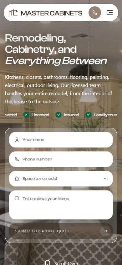 Master Cabinets — website on mobile